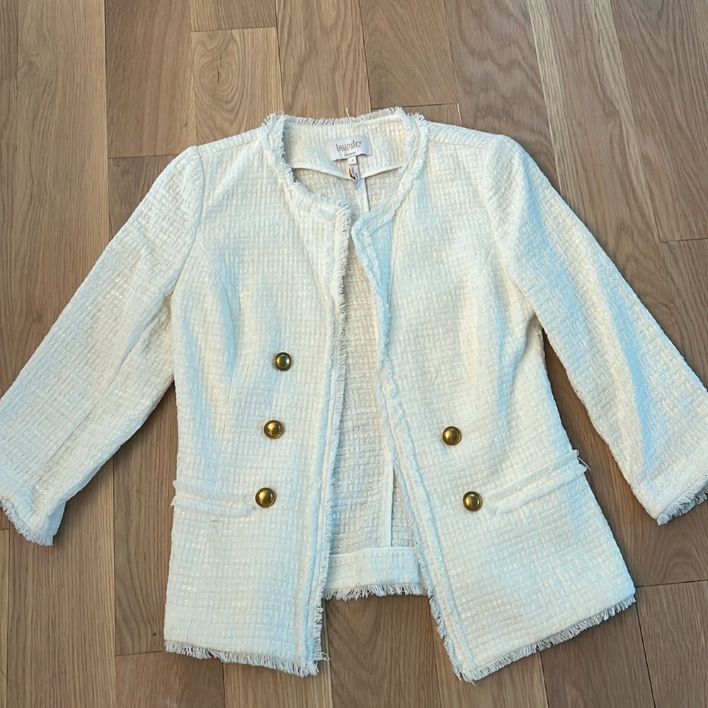 Laundry By Shelli Segal Blazer Women's 2 White Ivory Fringe Open Gold Buttons